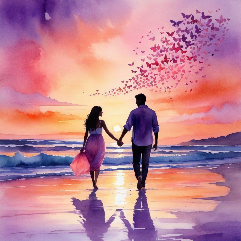 A radiant sunset over a serene beach, with two silhouettes walking hand-in-hand, symbolizing connection and romance. Surround them with soft, glowing hearts and butterflies dancing in the air, evoking a sense of passion and ideal love. The scene should reflect warmth and intimacy, encapsulating the essence of crafting a fulfilling love life. watercolor painting. vibrant colors. dreamy atmosphere.