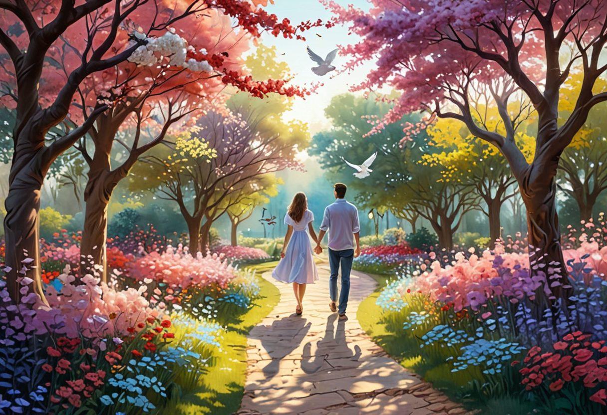 A romantic scene depicting a couple walking hand in hand through a blossoming garden, with ethereal light filtering through the trees. Surround them with symbols of love like hearts, doves, and intertwined paths. Include soft pastel colors to create a dreamy atmosphere, symbolizing the journey from courtship to true love. 3D. vibrant colors. painting.