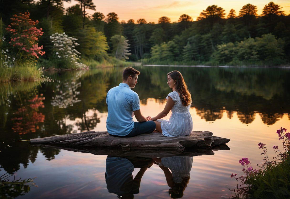 An intimate scene of a loving couple sharing a quiet moment at sunset, surrounded by soft lighting and gentle reflections on a tranquil lake. The atmosphere should convey warmth and romance, with delicate flowers scattered around and subtle heart motifs in the background. The couple should be laughing and looking into each other's eyes, symbolizing deep connection. dreamy, warm colors. super-realistic.